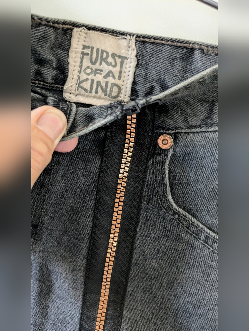 Furst Of A Kind Levi's Denim Reworked Mini Skirt Raw Hem Gold Front Zippers.